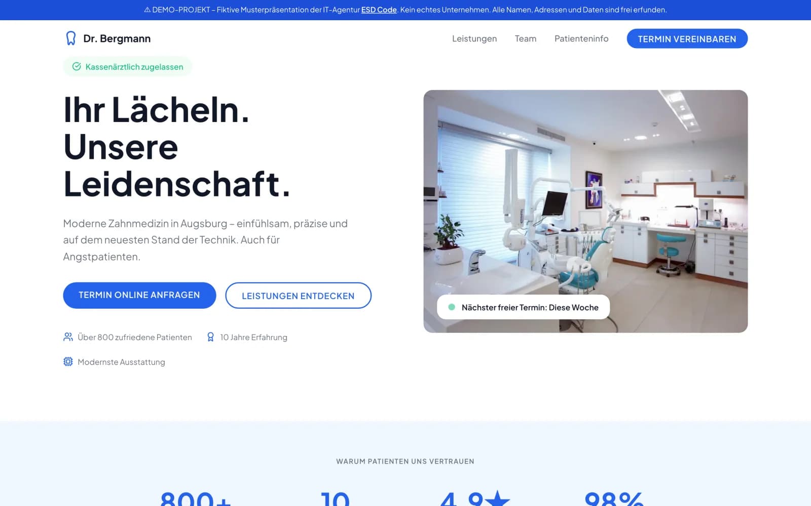 Dentalpraxis Demo – Screenshot der Live-Demo